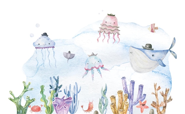 Undersea life illustration Baby card with fish coral reefs sea algae underwater animals and life