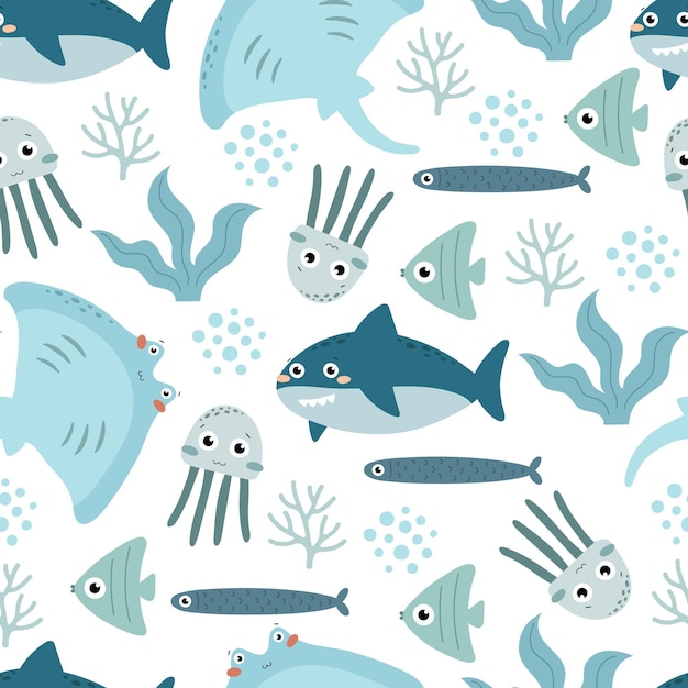 漫画のサメ、魚、クラゲ、アカエイと海底のシームレスなパターン