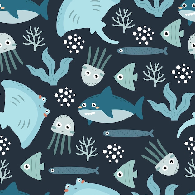 undersea seamless pattern with cartoon sharks, fish, jellyfish, stingray