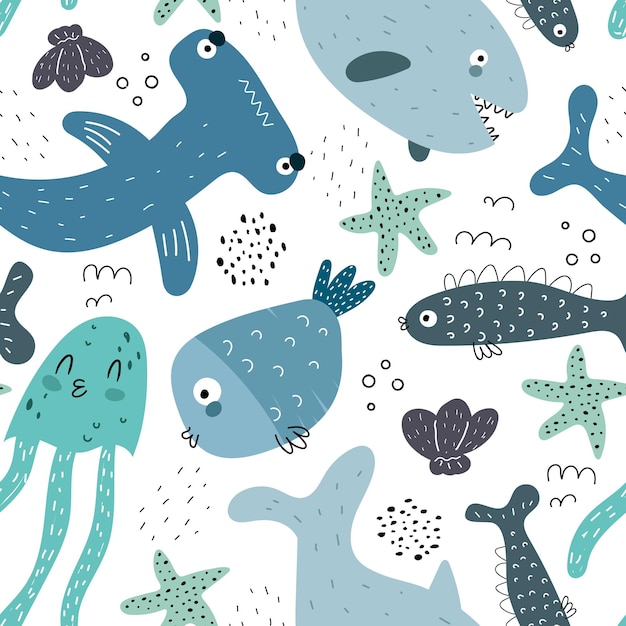 undersea seamless pattern with cartoon sharks fish octopus shells corals starfish