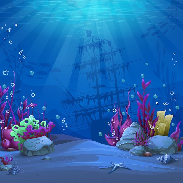 Vettore mondo sottomarino in tema blu. marine life landscape - l'oceano e il mondo sottomarino con diversi abitanti.