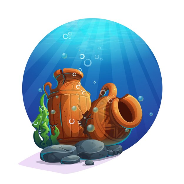 Underwater ancient amphorae with stones, seaweed, bubbles. Vector illustration