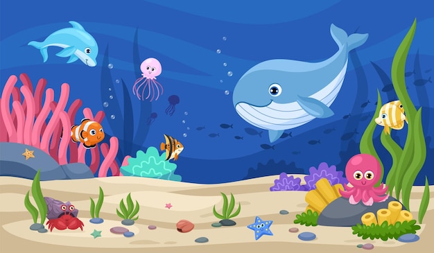 水中動物の背景 水生動物漫画海の世界の風景 クジラ魚海藻と水の水族館 派手な熱帯の海洋生物のベクトル シーン