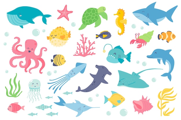 Underwater animal and fishes isolated objects set Collection of whale starfish turtle seahorse