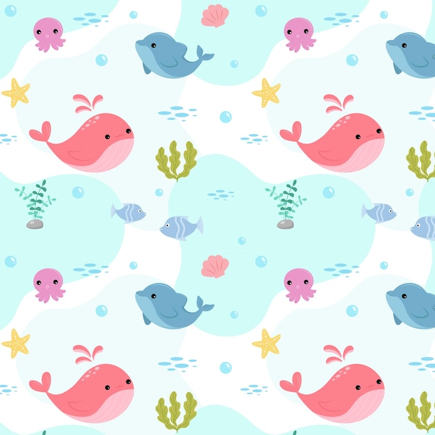 Vector underwater animals cartoon seamless pattern