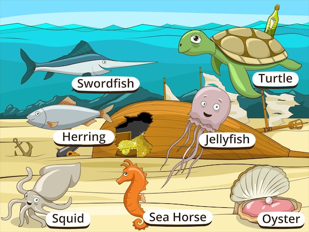 Underwater animals and fish with names