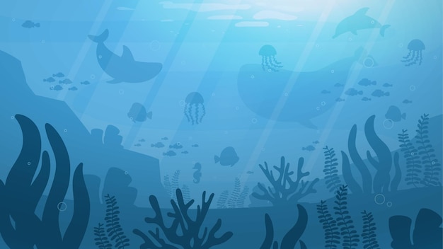 Underwater background concept Reefs and corals with fish silhouettes in sea or ocean Ecosystem and wildlife Flora and fauna Poster or banner for website Cartoon flat vector illustration