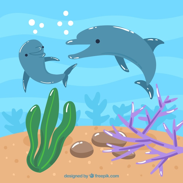 Vector underwater background with caricatures of aquatic animals