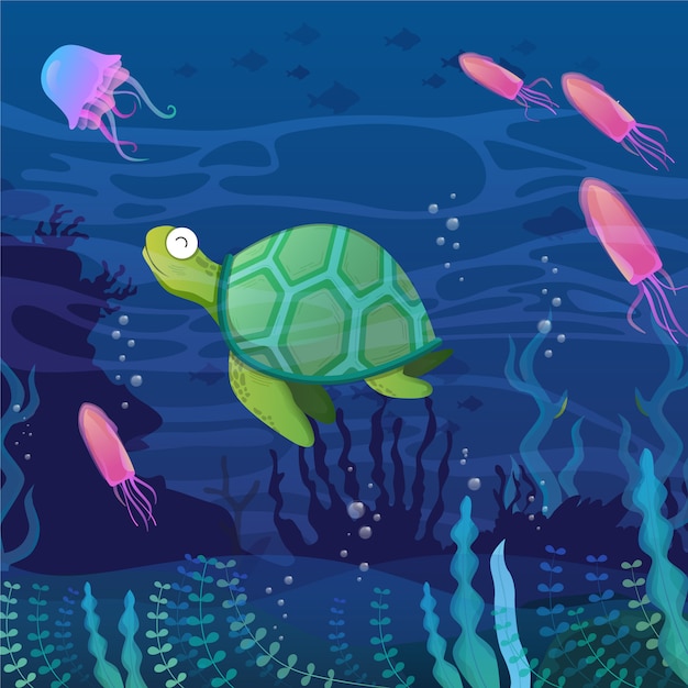 Vector underwater background with caricatures of aquatic animals