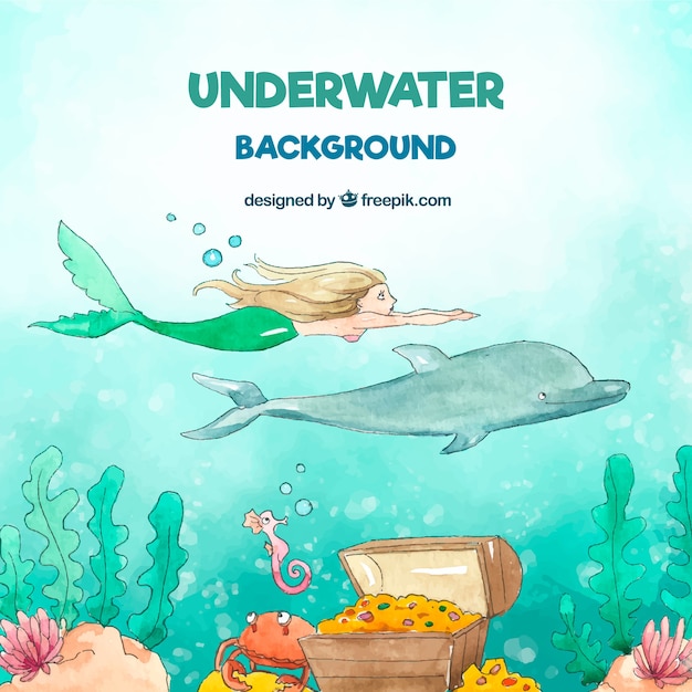 Подводный фон с карикатурами на водных животных