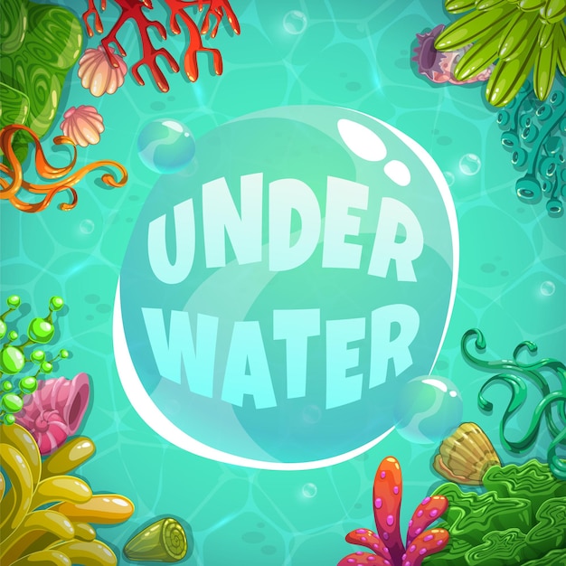 Vector underwater background with place for text ocean bottom with bright colorful sea weeds