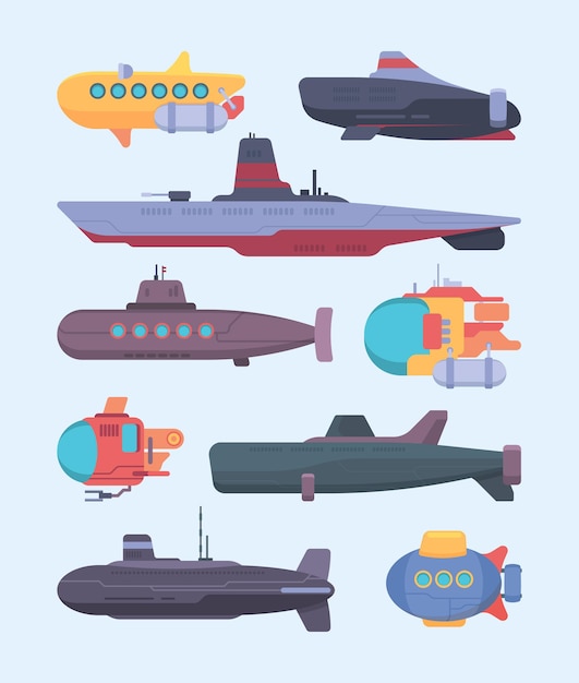 水中ボート。潜水艦ダイビング海洋探査ベクトル漫画イラストセット。水中に潜る軍用および研究用船
