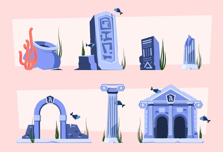 Vector underwater buildings atlantis lost city ruin death town column old houses garish vector cartoon set