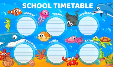 Premium Vector | Underwater cartoon animals education timetable schedule vector planner of student classes week organizer or study plan on blue sea background frame fish whale squid and crab dolphin and starfish Premium Vector | Underwater cartoon animals education timetable schedule vector planner of student classes week organizer or study plan on blue sea background frame fish whale squid and crab dolphin and starfish