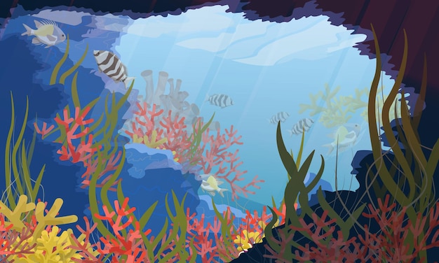 Vector underwater cave with green algae corals tropical fish and other sea creatures