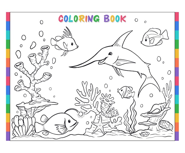 Vettore serie di libri da colorare subacquei che colorano pesci marlin e coralli