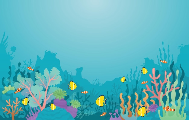 Underwater, coral reef, sea anemone and fish background