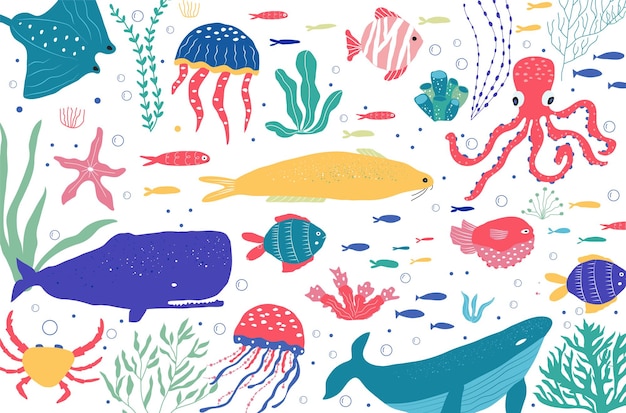 Underwater creatures fish, jellyfish, octopus, clownfish,\
seaplants and corals, set with marine animals for fabric, textile,\
wallpaper, nursery decor, prints, childish background. vector