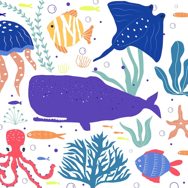 水中の生き物の魚、クラゲ、タコ、カクレクマノミ、海草、サンゴ、布地、織物、壁紙、保育園の装飾、版画、幼稚な背景のための海洋動物が設定されています。ベクター