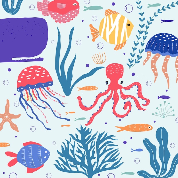 Underwater creatures fish, jellyfish, octopus, clownfish,\
seaplants and corals, set with marine animals for fabric, textile,\
wallpaper, nursery decor, prints, childish background. vector