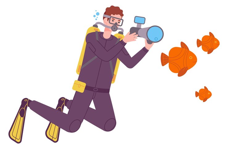 Vector underwater diver making photo of fishes swimming photographer