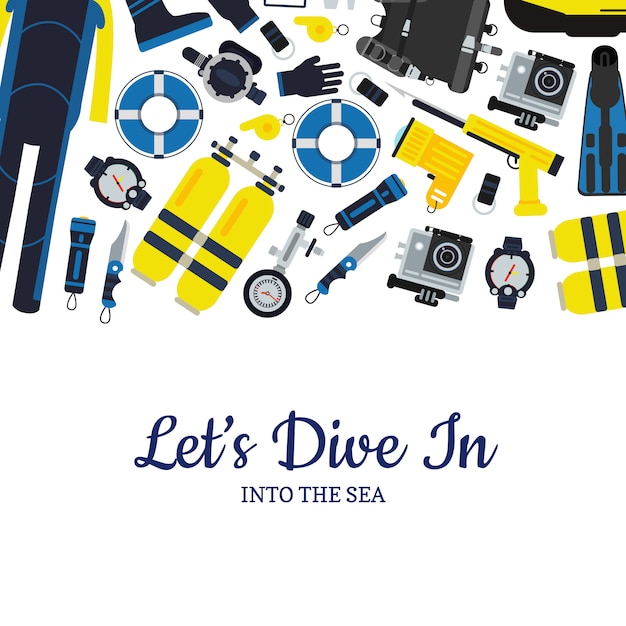 Underwater diving equipment banner poster in flat style