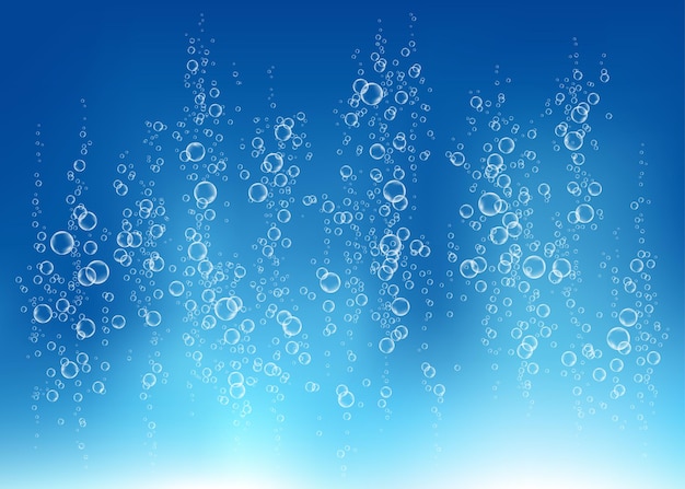 Bolle di aria o acqua frizzante sott'acqua su sfondo blu