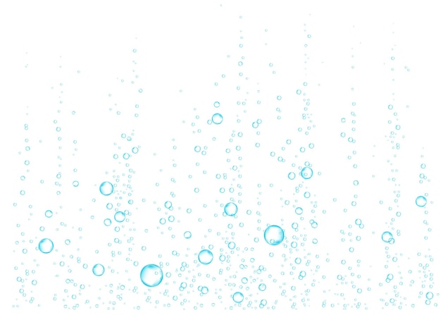 白い背景の水中の泡立つ空気の水または酸素の泡