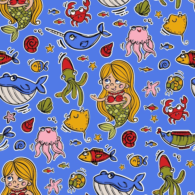 UNDERWATER FRIENDS Mermaid Animal Cartoon Seamless Pattern