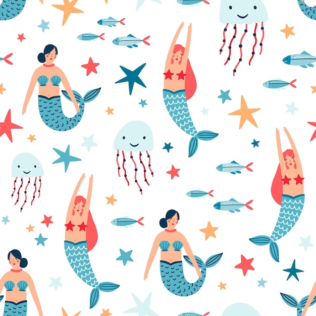 Reticolo senza giunte di vettore piatto abitanti subacquei. sirena con reggiseno e coda di conchiglie. colorato mondo sottomarino fiaba personaggi dei cartoni animati, meduse e stelle marine su sfondo bianco.