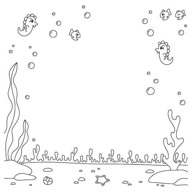 Underwater landscape Coloring book page for kids Cartoon style