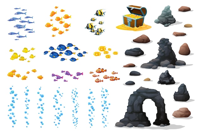 Вектор Подводный пейзаж игровые активы рыбы камни
