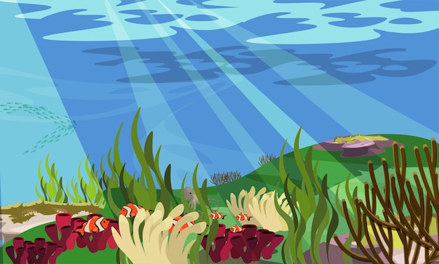 Illustrazione del paesaggio subacqueo clima esotico pesce pagliaccio e polpo flora e fauna marina