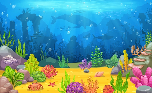 Underwater landscape with sea animal silhouettes sunken ancient town and bright seaweeds on bottom Underwater aquatic life vector wallpaper with whale shark fish shoal silhouette and seaweed