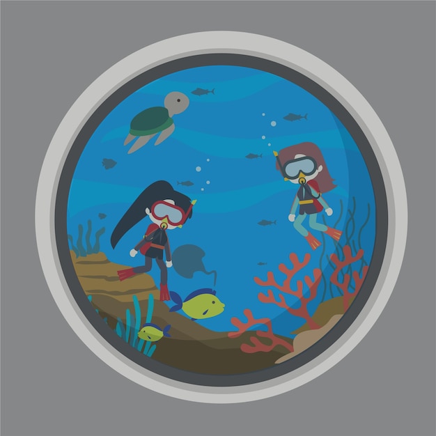 Vettore illustrazione di sfondo della vita sottomarina con simpatico personaggio subacqueo