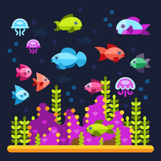 Underwater life with sea animals in flat style