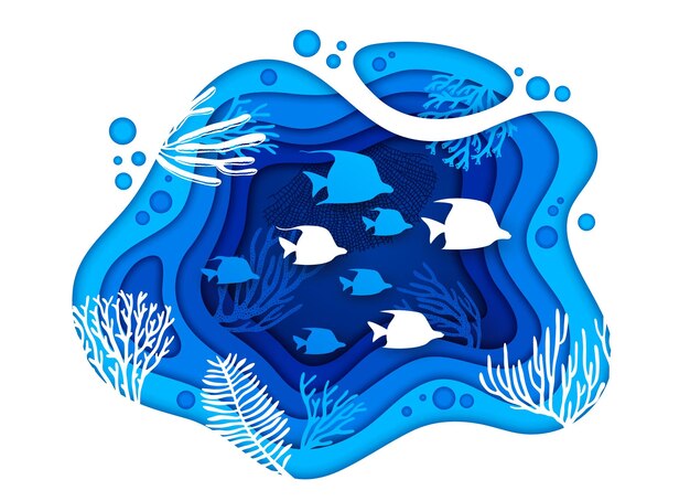 Vector underwater paper cut landscape with sea fish shoal