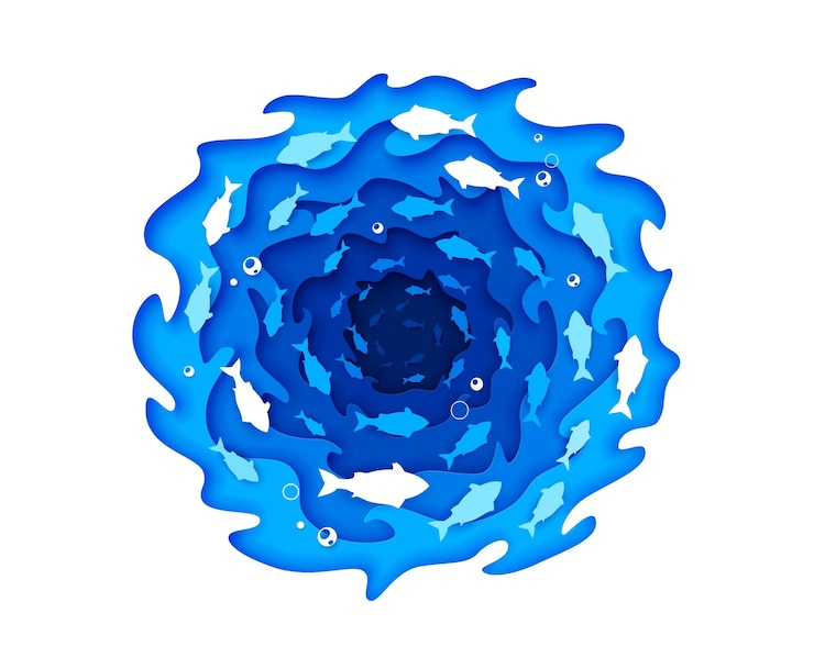 Vector underwater paper cut sea fish shoal silhouette