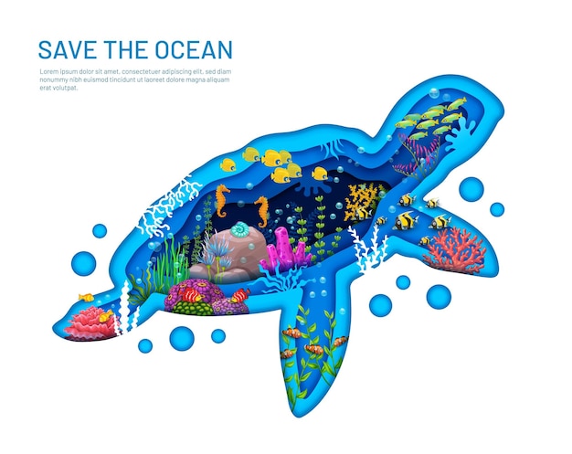 Vector underwater paper cut sea turtle silhouette with cartoon ocean landscape vector poster save ocean and protect sea life environment underwater protection and conservation poster in papercut layers