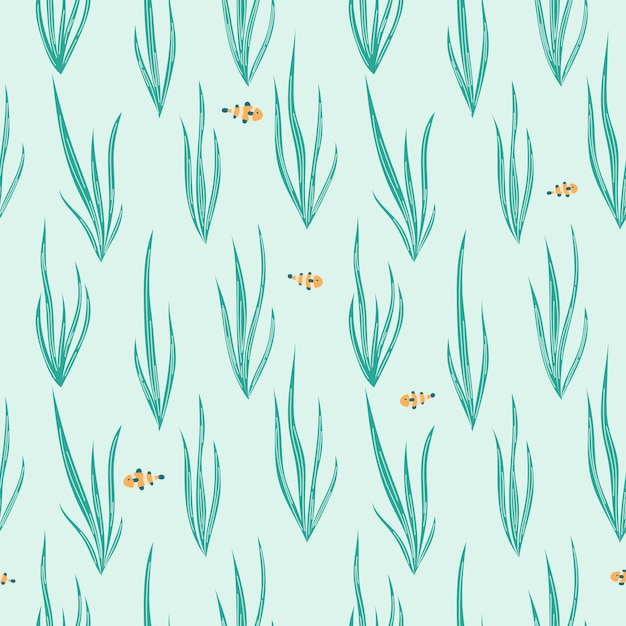 Underwater pattern with long algae and clown fish