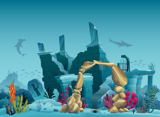 Vector underwater ruins of the old city and sandstone arch. silhouette of blue sea background