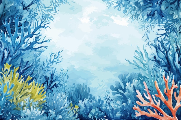 Underwater scene with coral reef fish and seaweed vector watercolor illustration