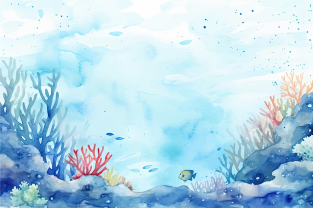 Underwater scene with coral reef fish and seaweed vector watercolor illustration