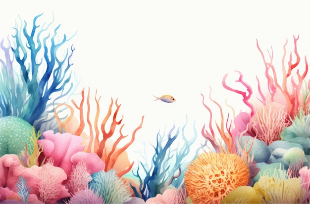 Underwater scene with coral reef fish and seaweed vector watercolor illustration