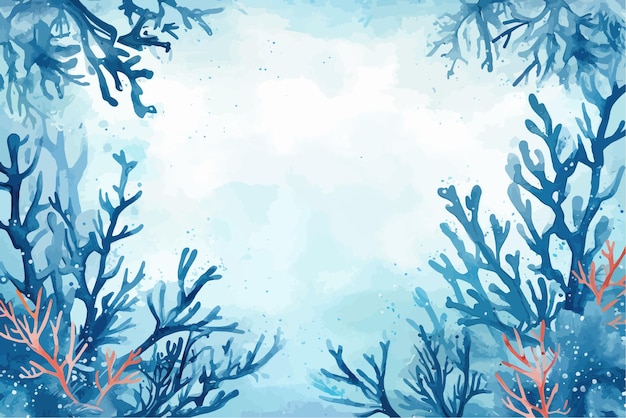 Underwater scene with coral reef fish and seaweed vector watercolor illustration