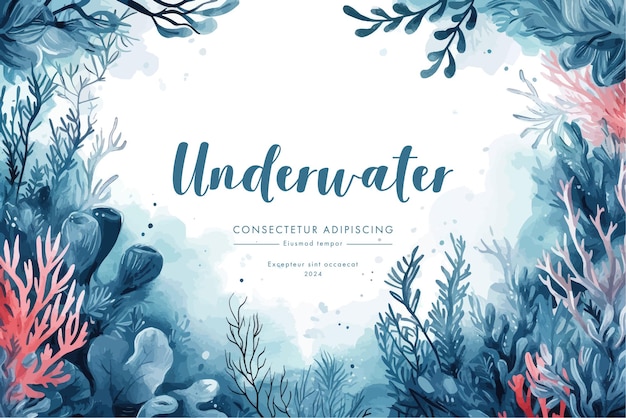 Vector underwater scene with coral reef fish and seaweed vector watercolor illustration