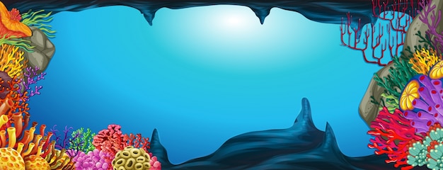 Vettore scena subacquea con barriera corallina