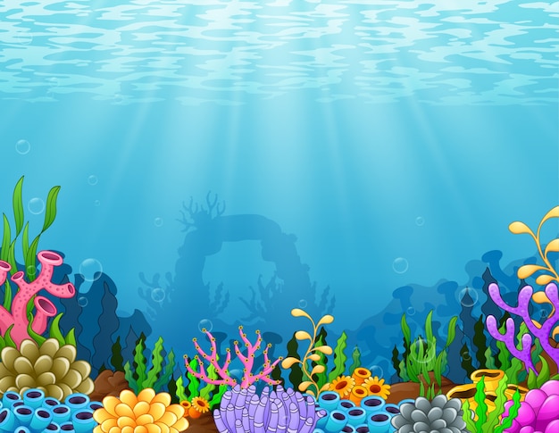 Vettore scena subacquea con barriera corallina tropicale