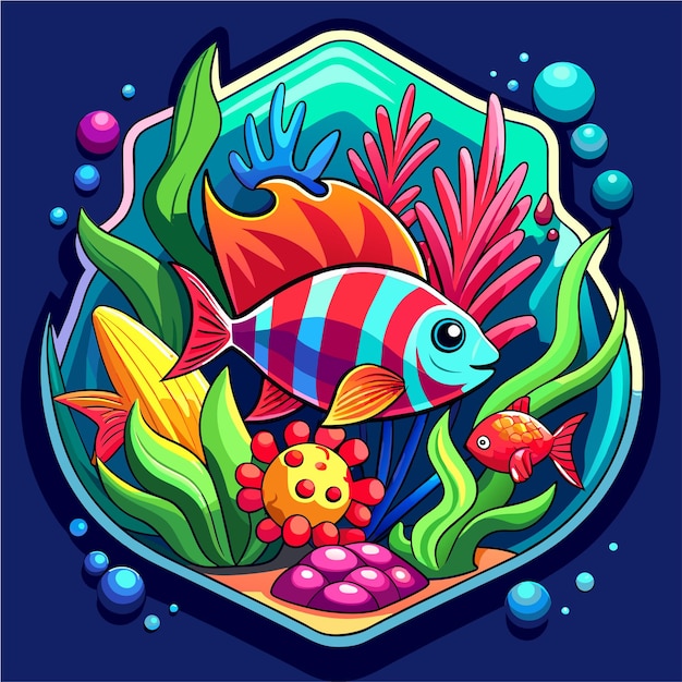 벡터 수중 해양 동물, 해양 식물 및 물고기 손으로 그린 마스코트 만화 캐릭터 스티커