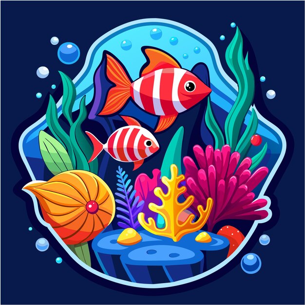 Вектор Подводные морские животные морские растения и рыбы вручную нарисованный наклейка персонажа мультфильма талисмана